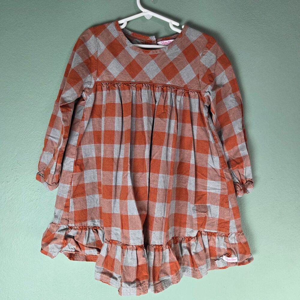 Ruffle butts Girls Gray Orange Plaid Long Sleeve Ruffle Dress Size 6